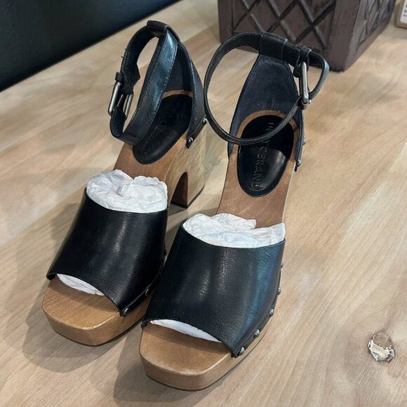Lucky Brand Women's 6M Black Leather Wooden Nelora Platform Clog Strap Heel - Picture 6 of 7